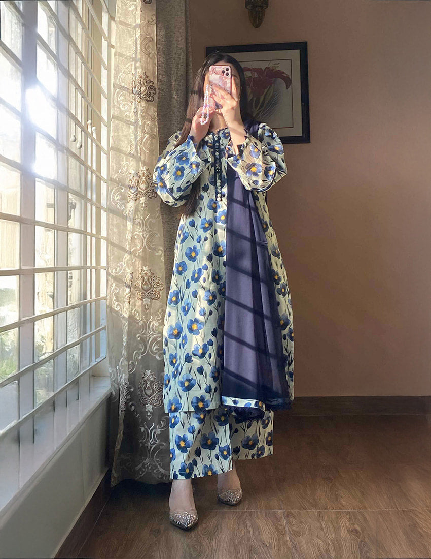 3 Piece –Cambric Printed Dress