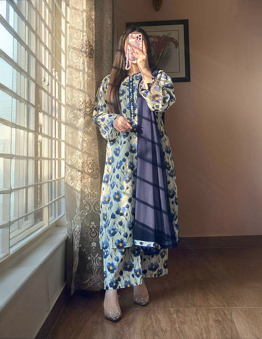 3 Piece –Cambric Printed Dress