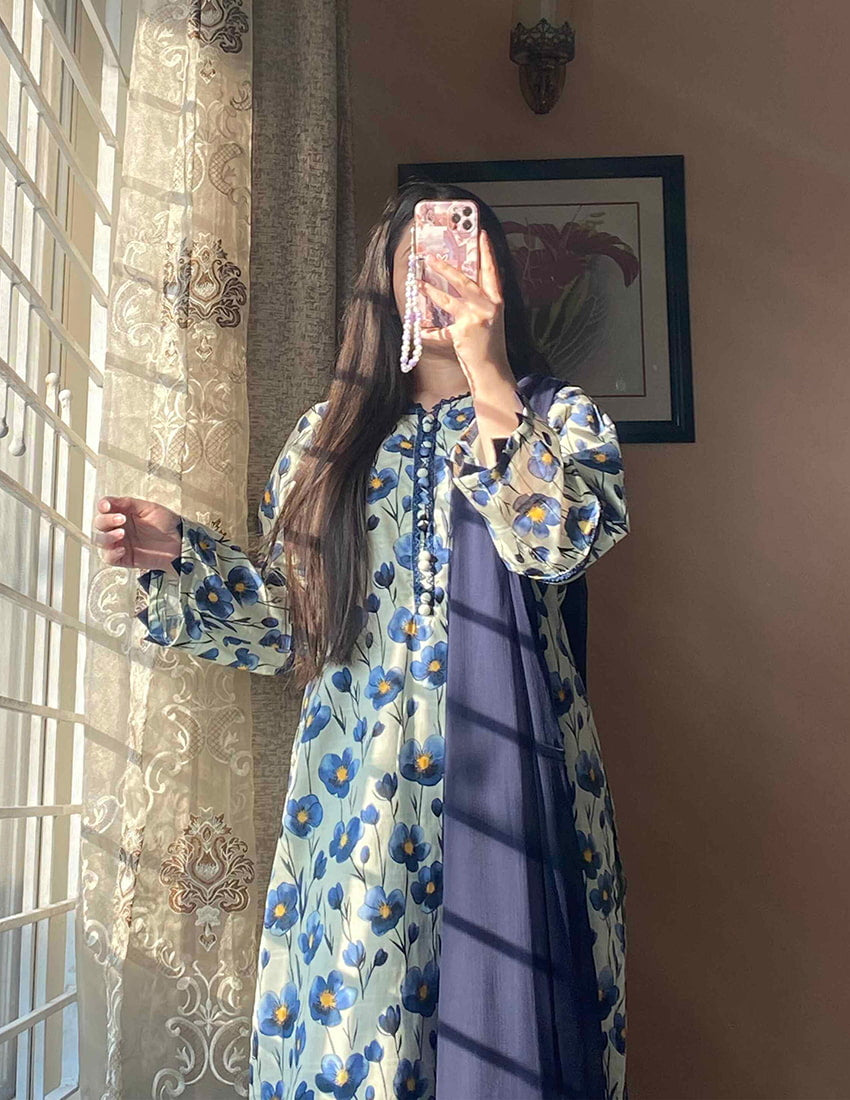 3 Piece –Cambric Printed Dress