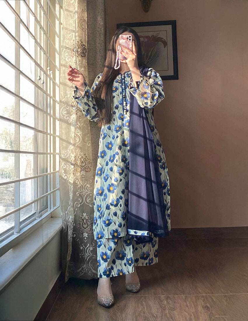 3 Piece –Cambric Printed Dress