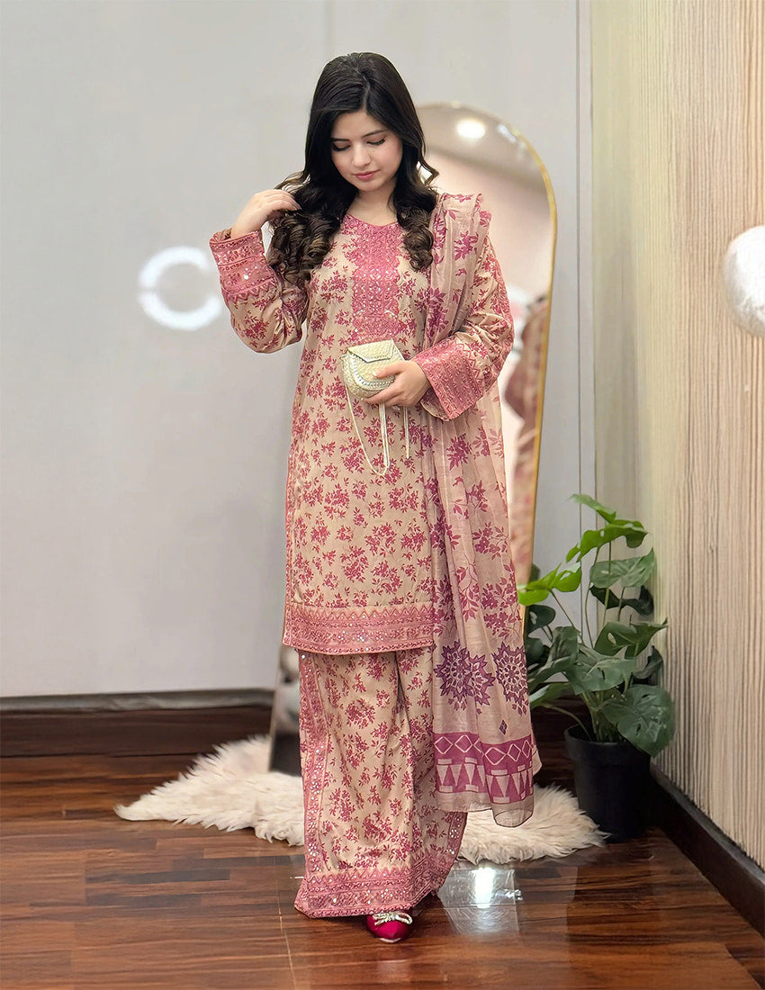 3 Piece - Printed Embroidered Suit