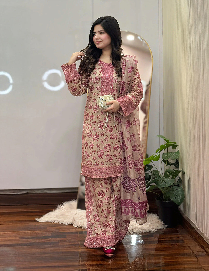 3 Piece - Printed Embroidered Suit