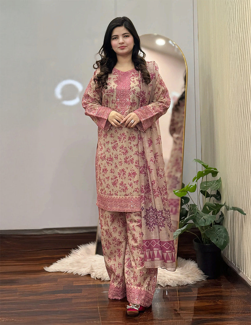3 Piece - Printed Embroidered Suit