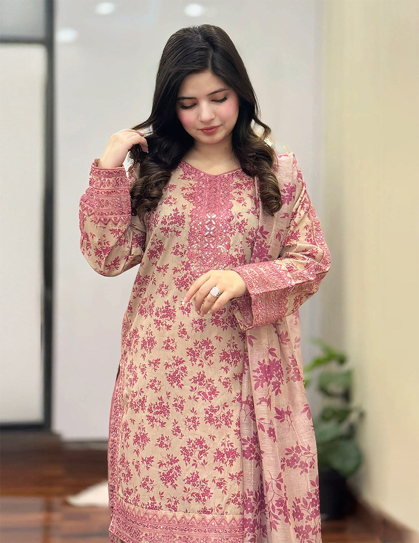3 Piece - Printed Embroidered Suit
