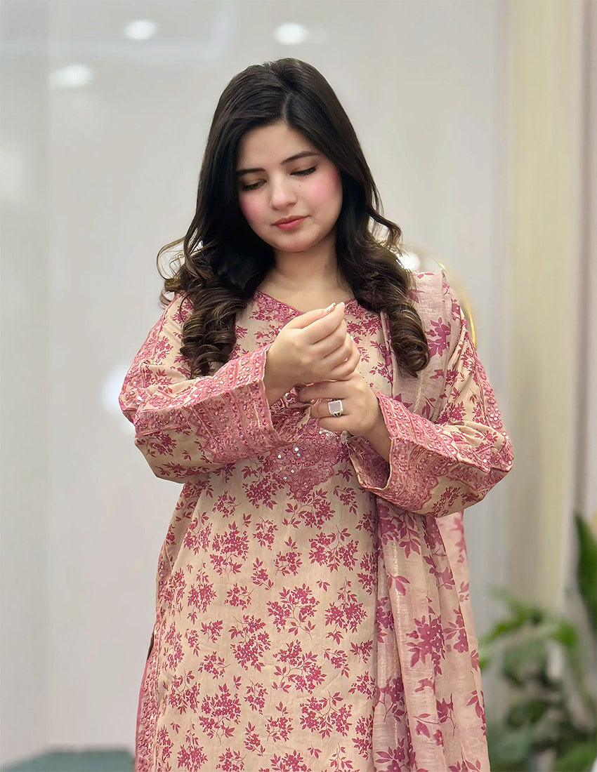 3 Piece - Printed Embroidered Suit