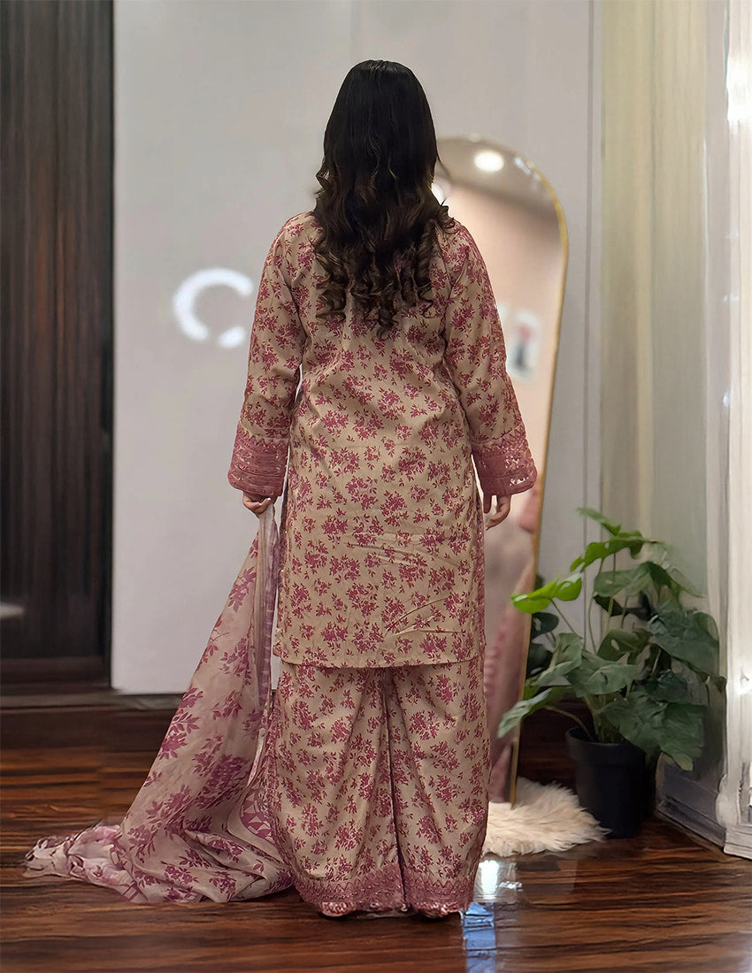3 Piece - Printed Embroidered Suit