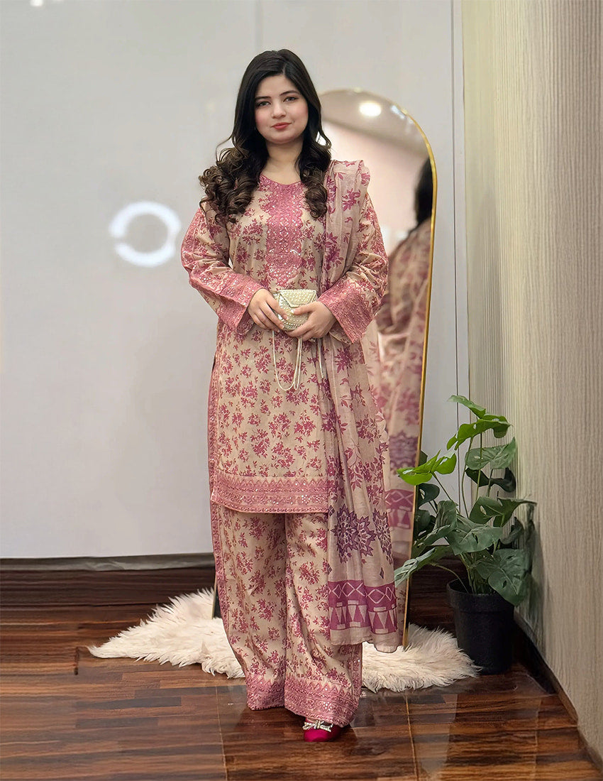 3 Piece - Printed Embroidered Suit