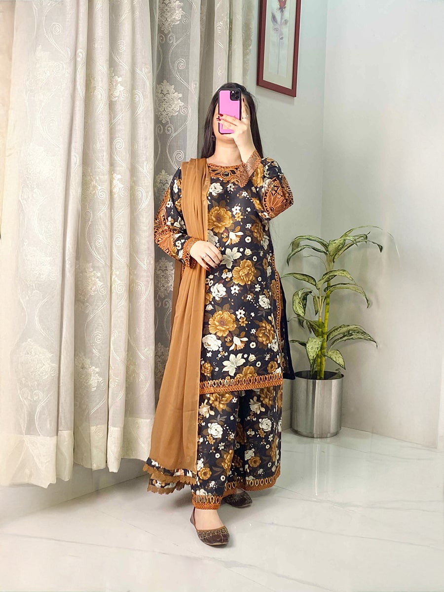 Embroidered Floral Printed Dress